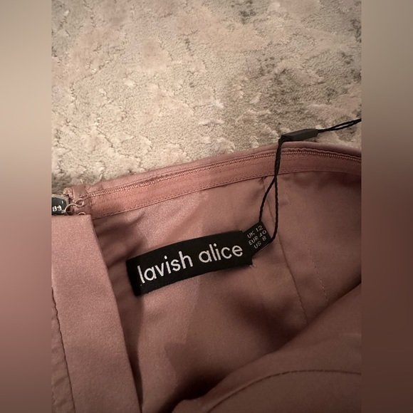 LAVISH ALICE: Satin Corset Midi Dress With Fringe
Skirt in Mink - Picture 7 of 9